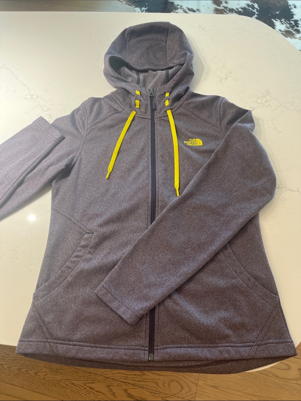 Worn once ! The North Face Women's Blue/Gray Hooded Jacket with Yellow Accents
